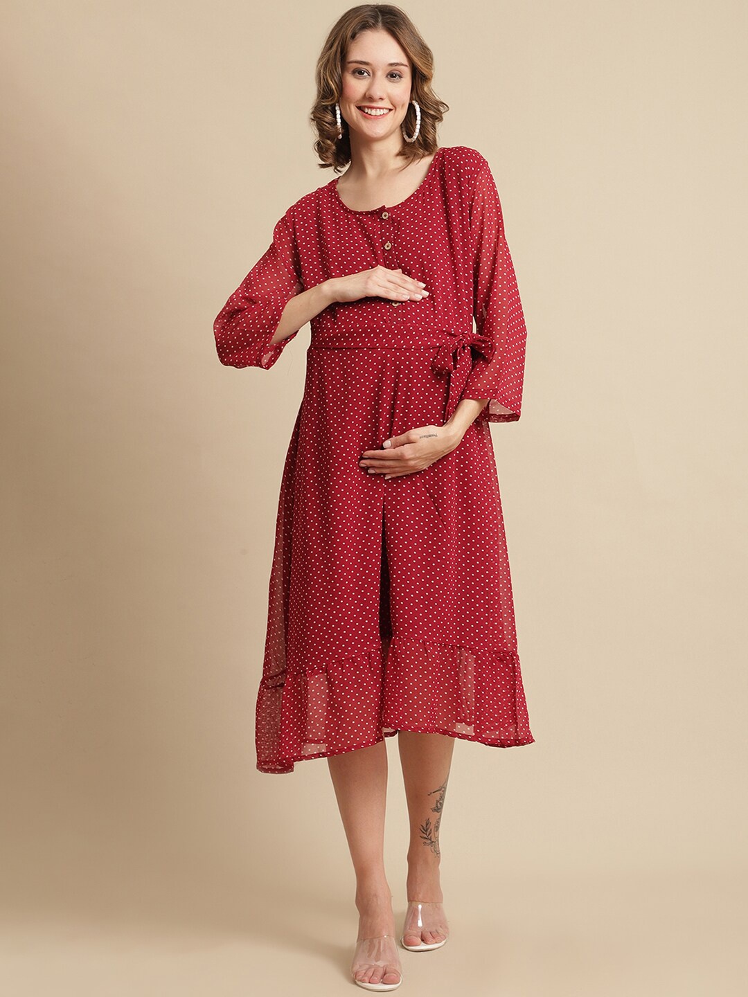 

Moms Maternity Women Red & White Polka Dots Printed Georgette Maternity A-Line Midi Dress