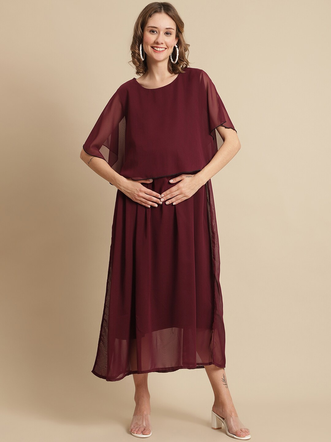 

Moms Maternity Women Burgundy Solid Georgette Maternity Empire Dress