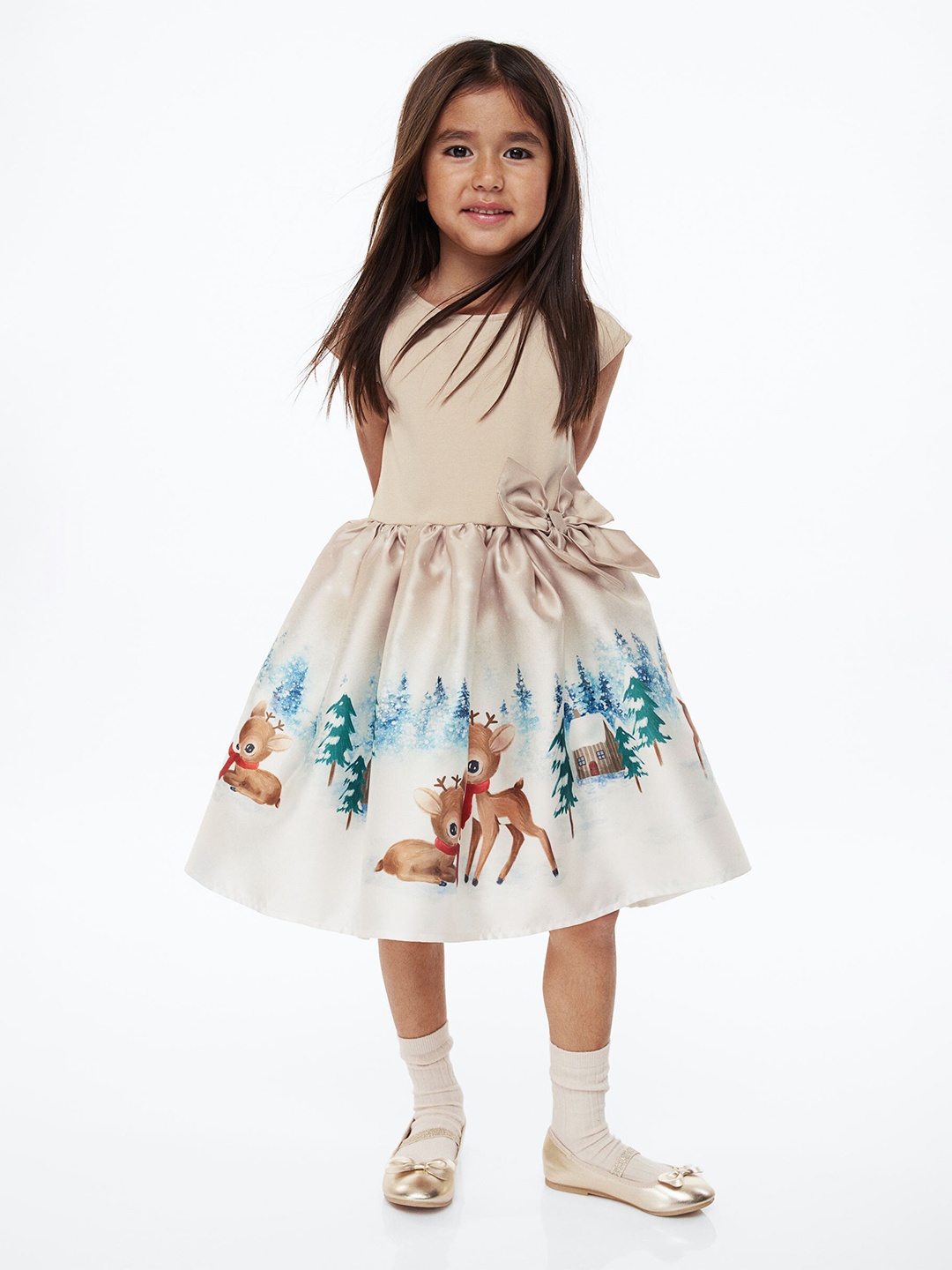 

H&M Girls Printed Flared-Skirt Dress, Beige