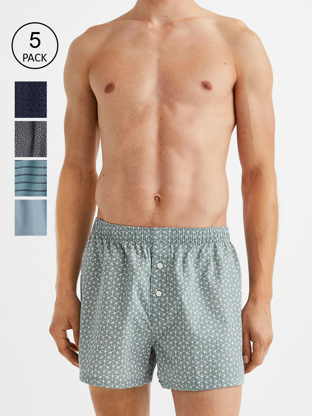 

H&M Men Pack Of 5 Printed Cotton Boxers, Blue