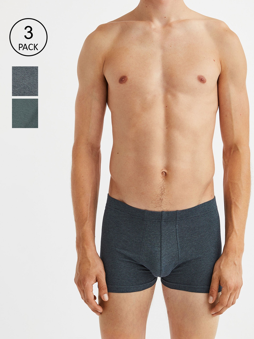 

H&M Men Pack Of 3 Solid Cotton Trunks, Green