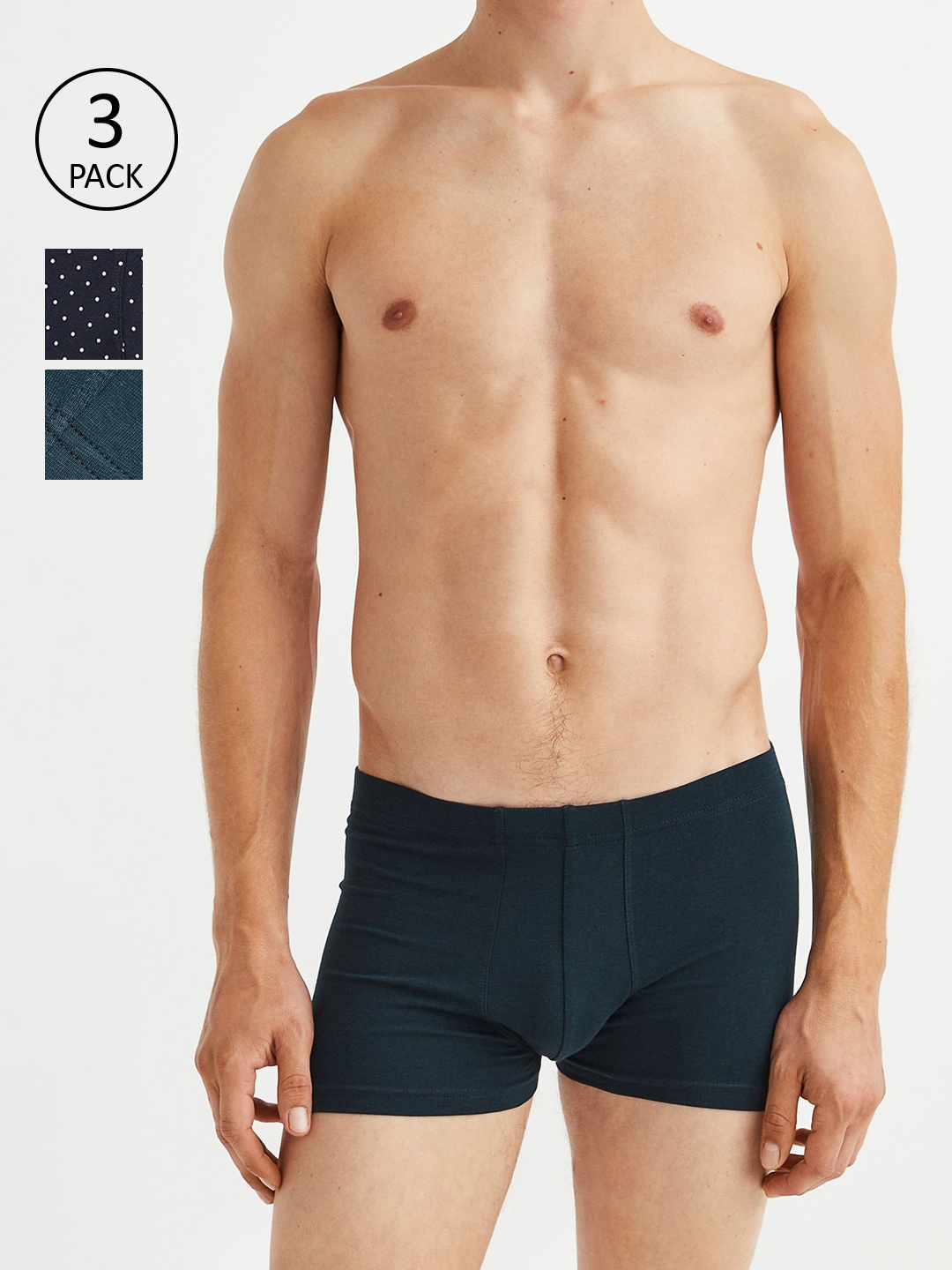 

H&M Men Pack Of 3 Printed Short Cotton Trunks, Blue