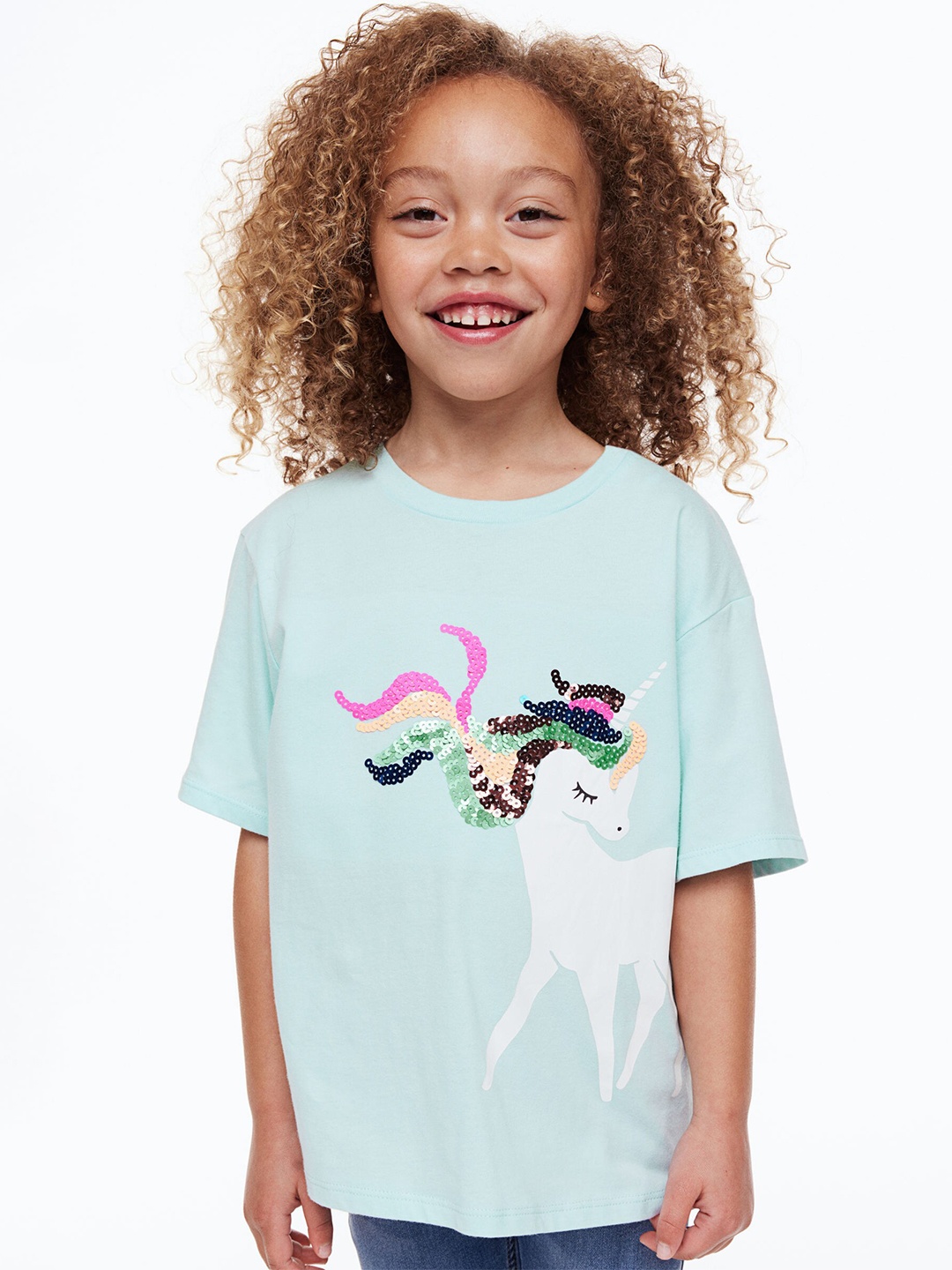 

H&M Girls Reversible Sequin-Motif T-shirt, Turquoise blue