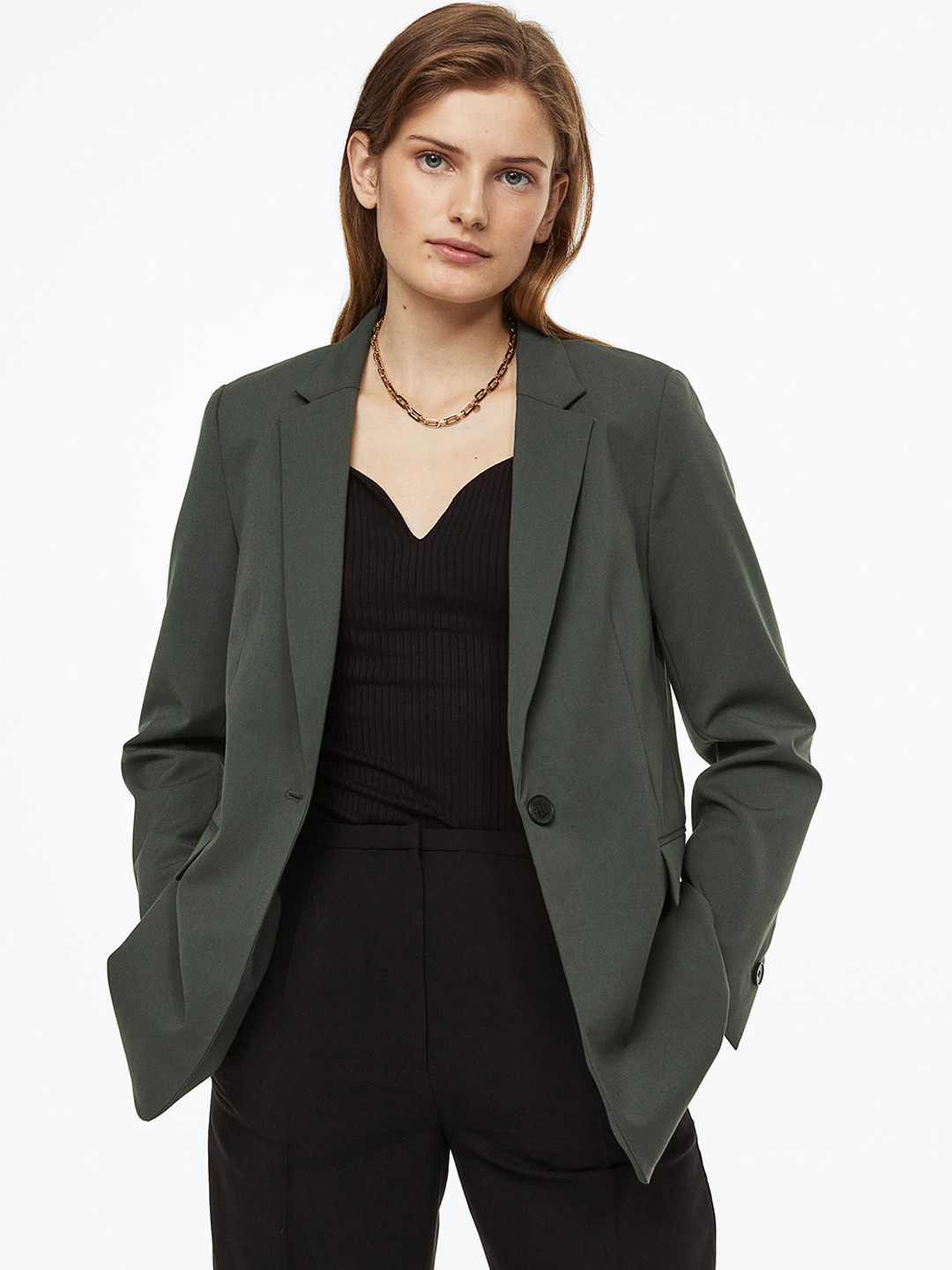 

H&M Woman Green Solid Single-Breasted Blazer