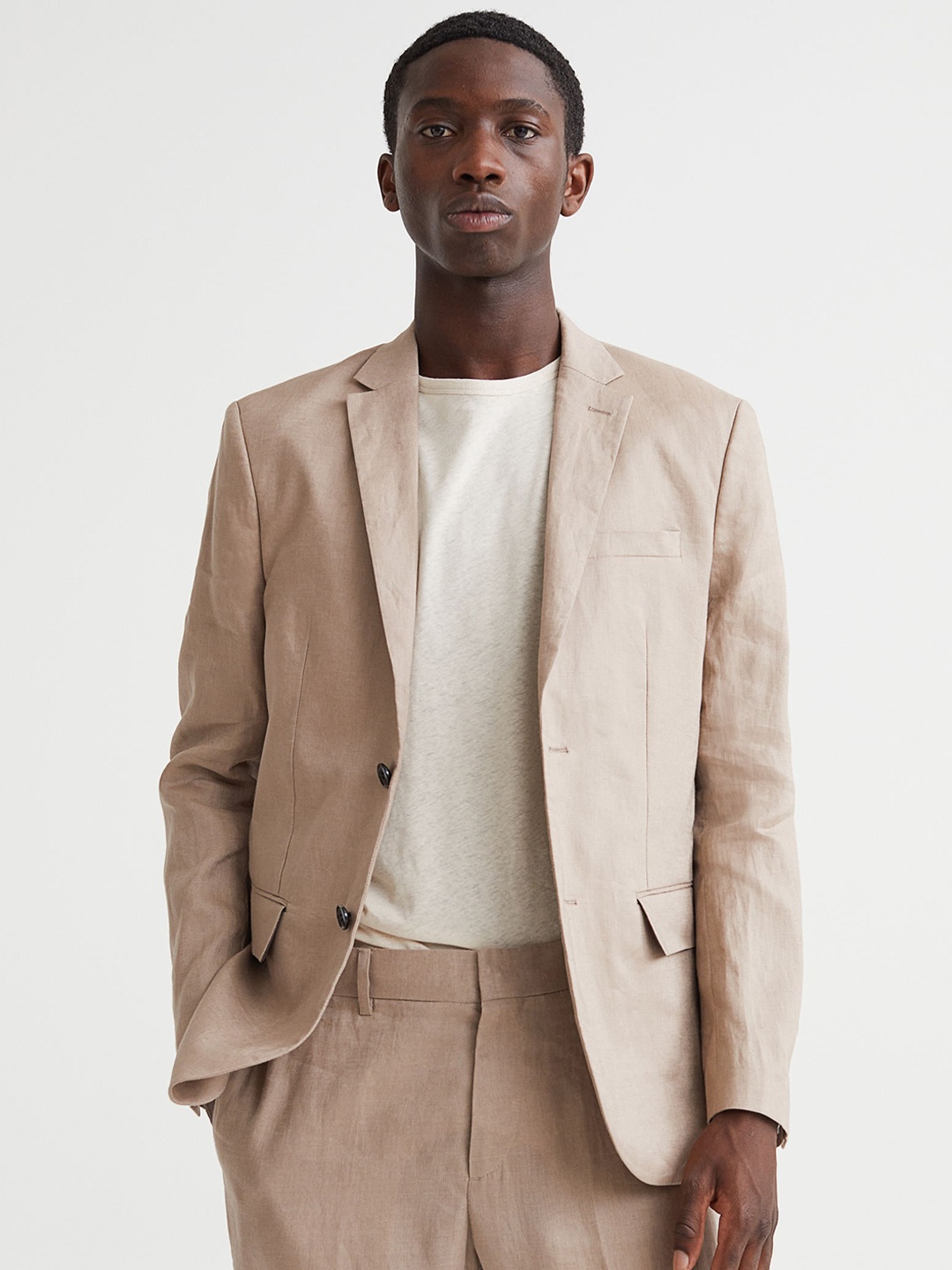 

H&M Men Solid Slim-Fit Linen Blazer, Beige