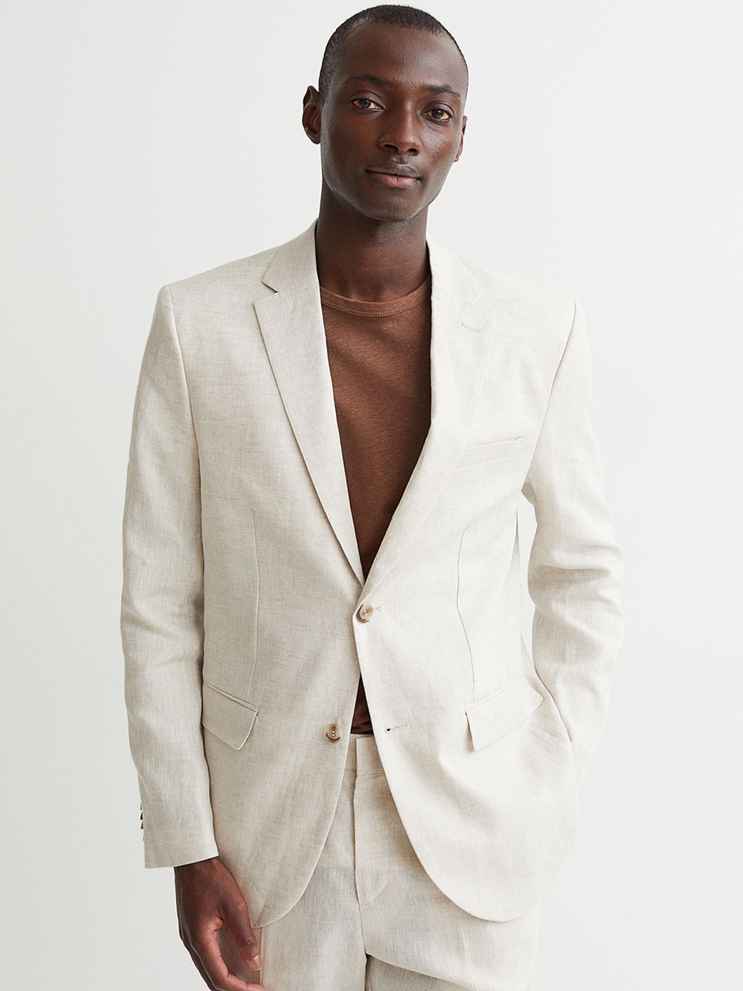 

H&M Men Beige Solid Single-Breasted Blazer