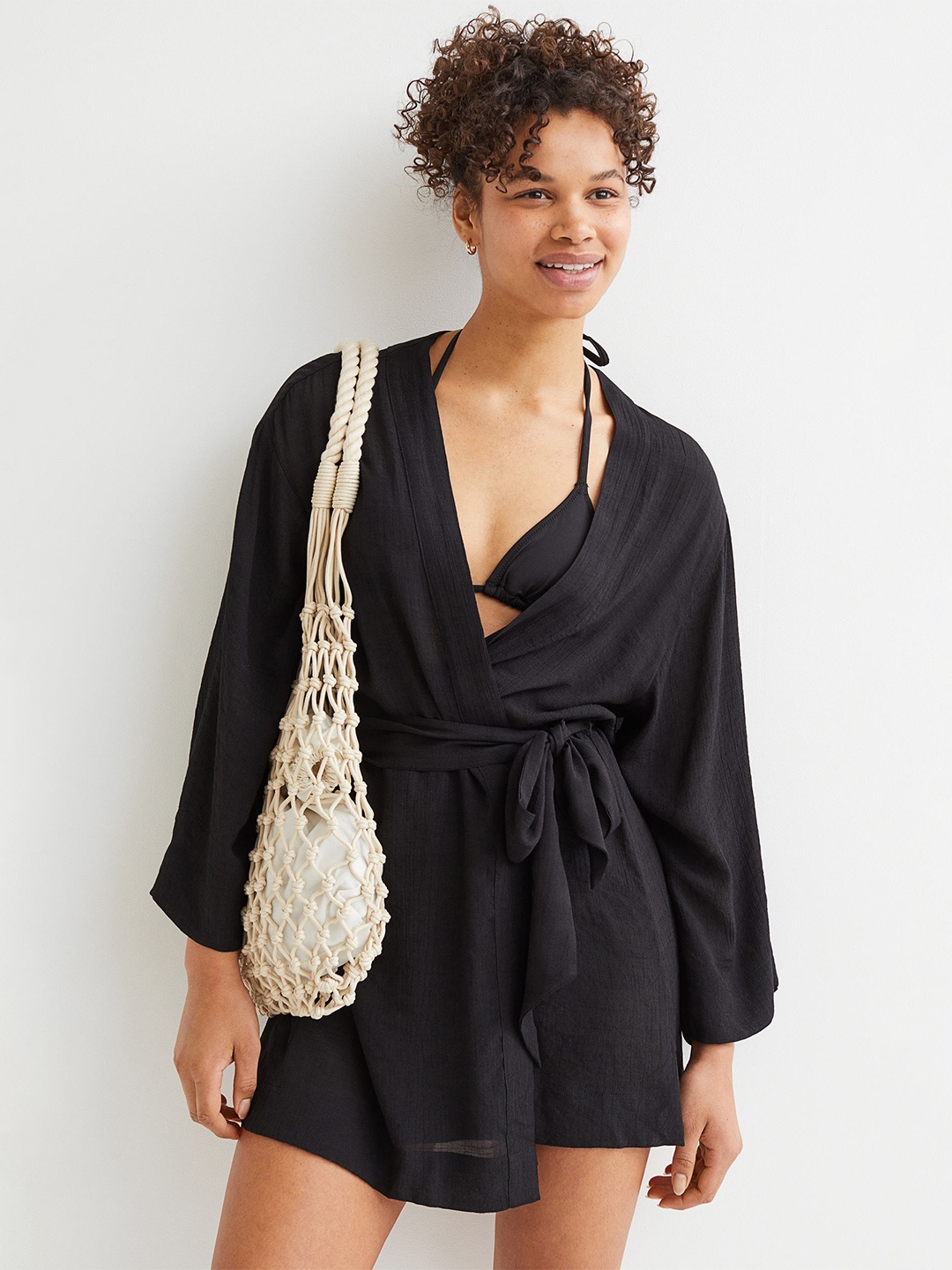 

H&M Women Solid Tie-Belt Beach Kaftan, Black