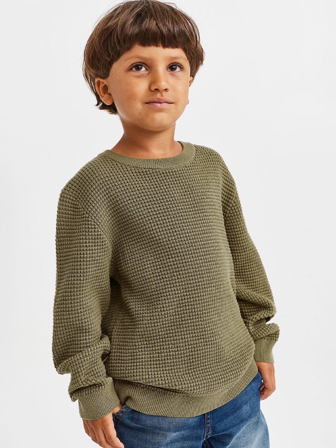 

H&M Boys Green Waffle-Knit Cotton Jumper