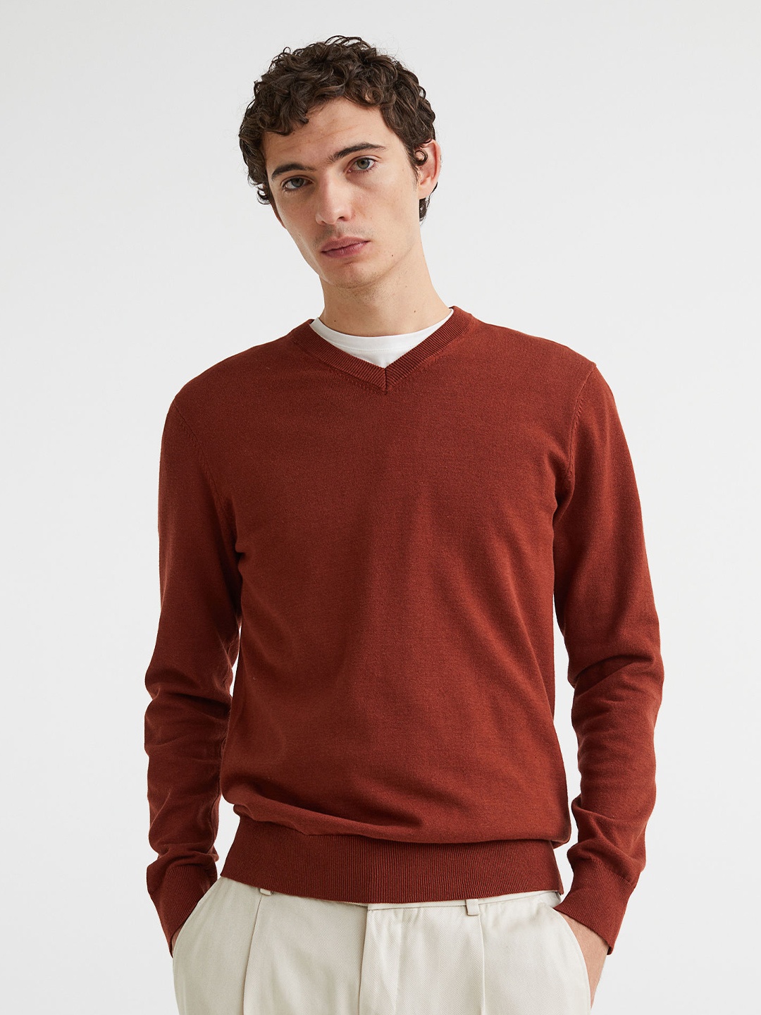 

H&M Men V-neck Cotton Jumper, Brown