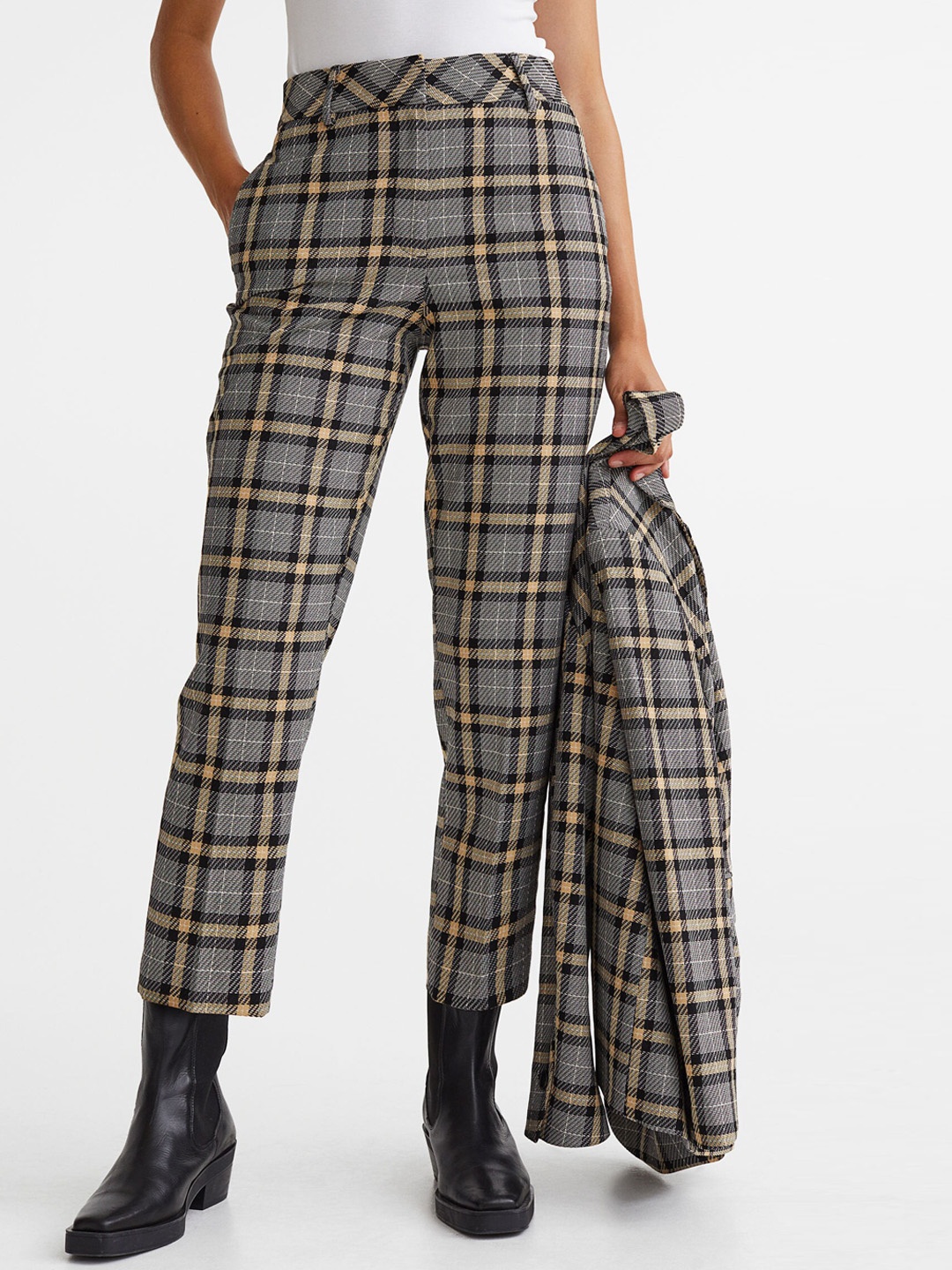 

H&M Women Checked Cigarette Trousers, Grey