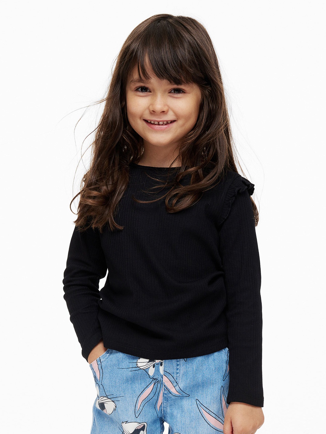 

H&M Girls Black Flounce-Trimmed Ribbed Top