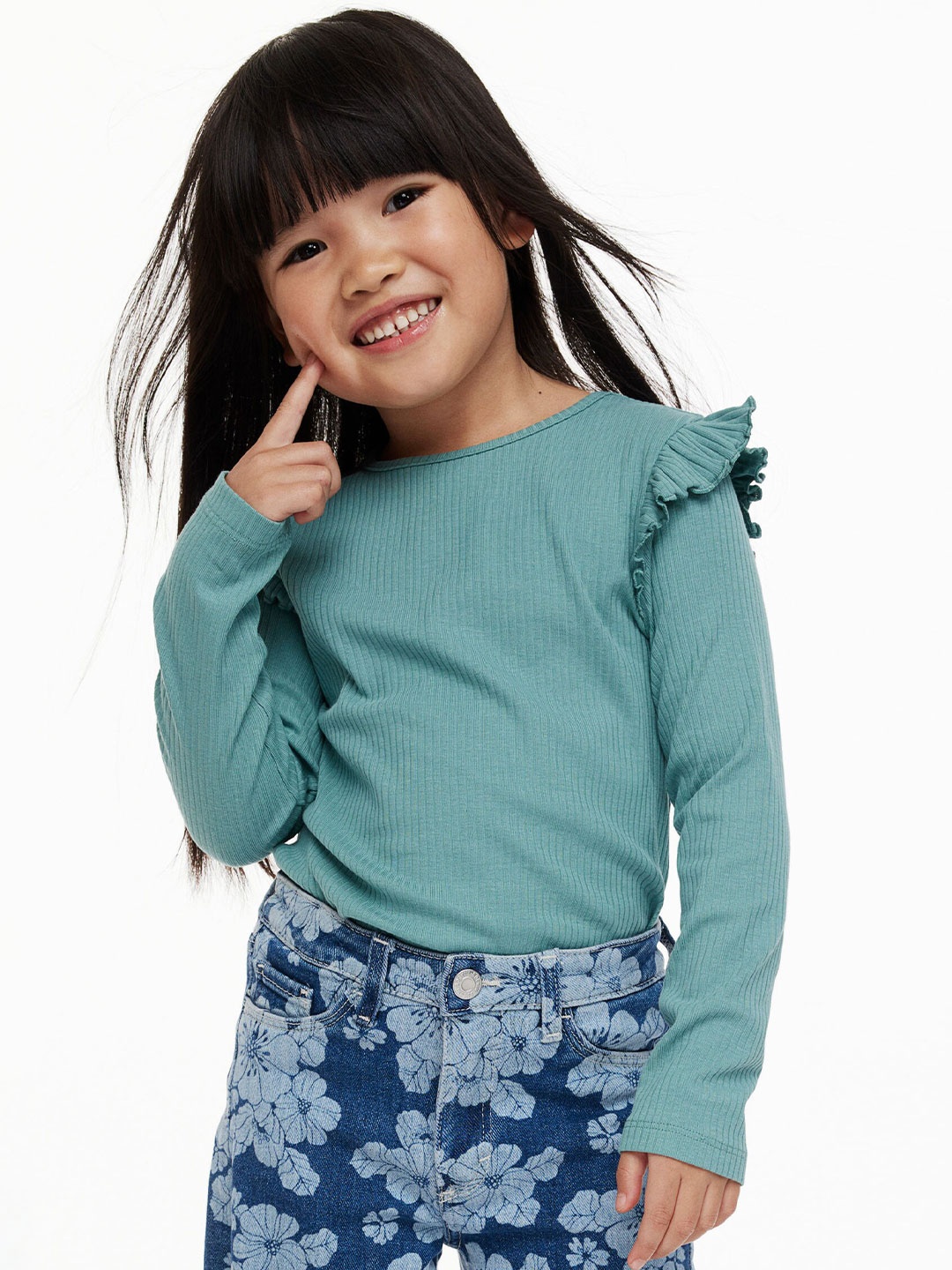 

H&M Girls Turquoise Blue Flounce-Trimmed Ribbed Top