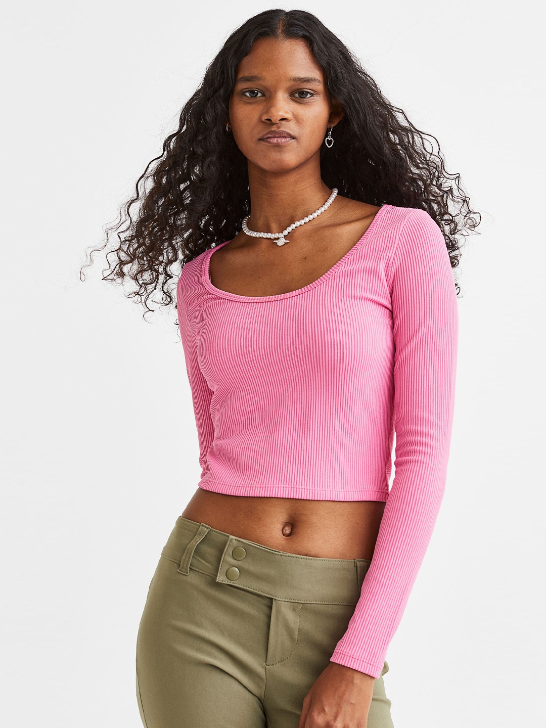 

H&M Women Pink Ribbed Jersey Top