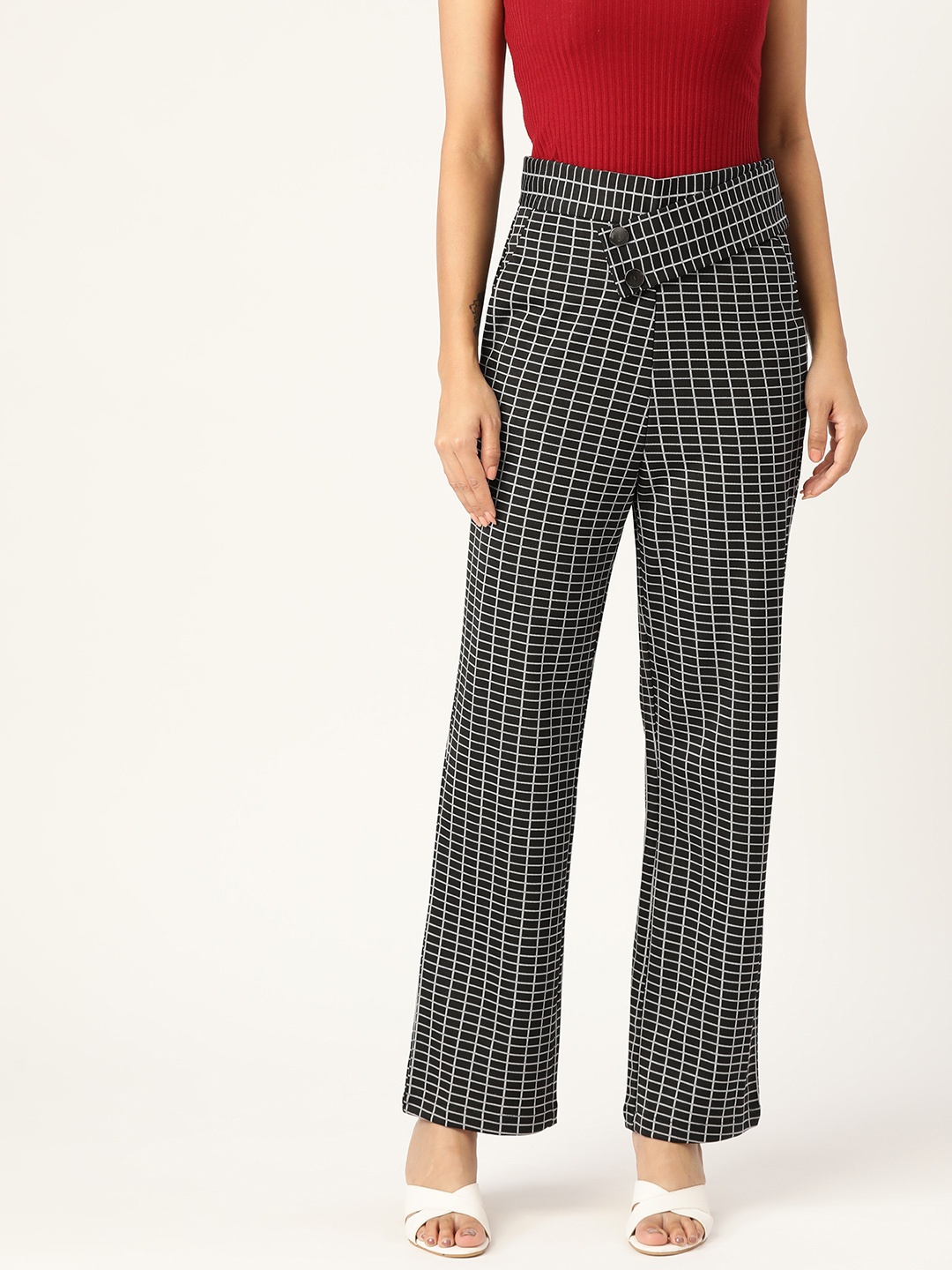 

Zastraa Women Black & White Checked Smart High-Rise Trousers