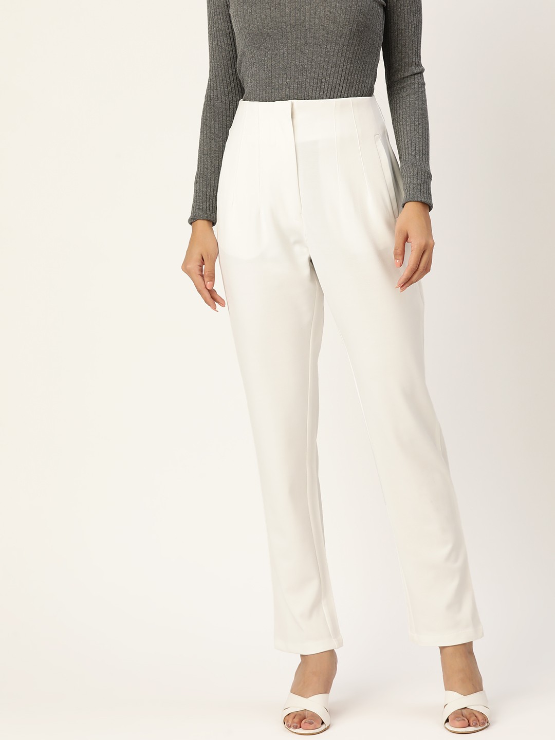 

Zastraa Women Off White Solid Smart Slim Fit High-Rise Trousers