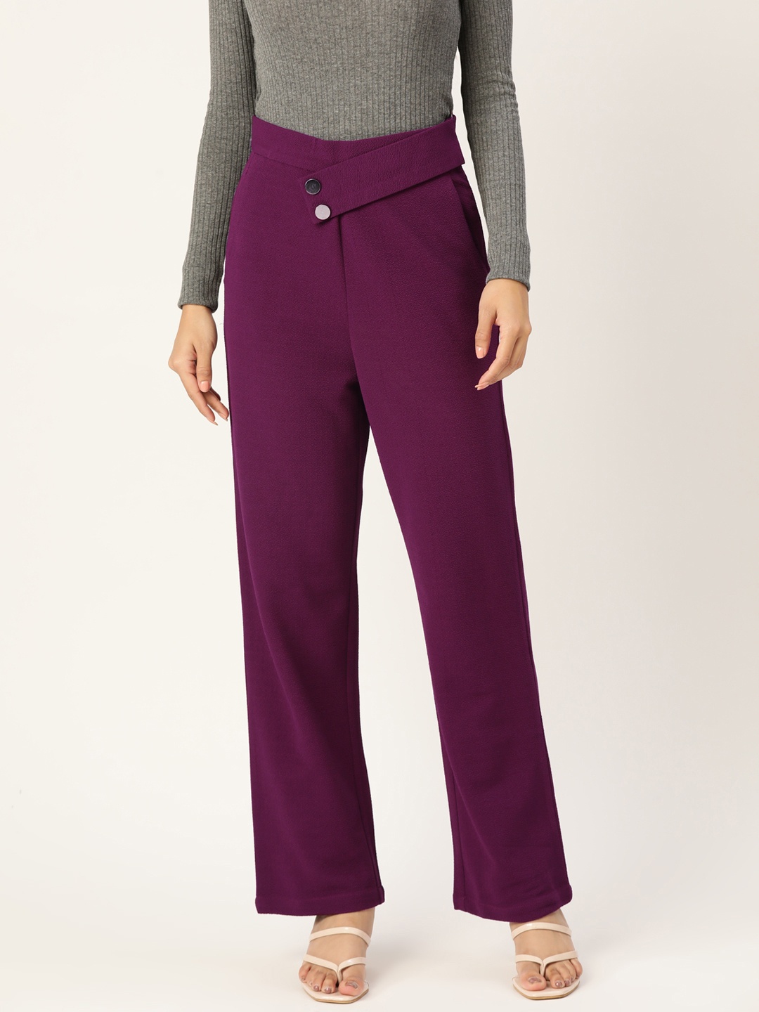 

Zastraa Women Burgundy Smart High-Rise Parallel Trousers