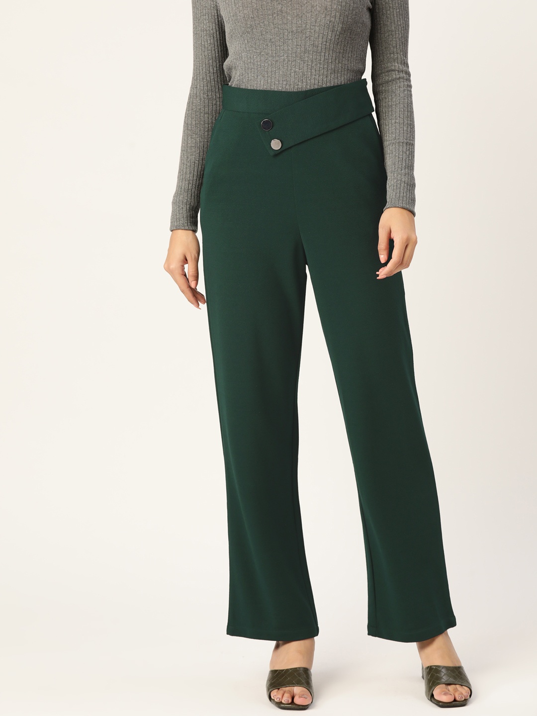 

Zastraa Women Green Solid Smart High-Rise Trousers