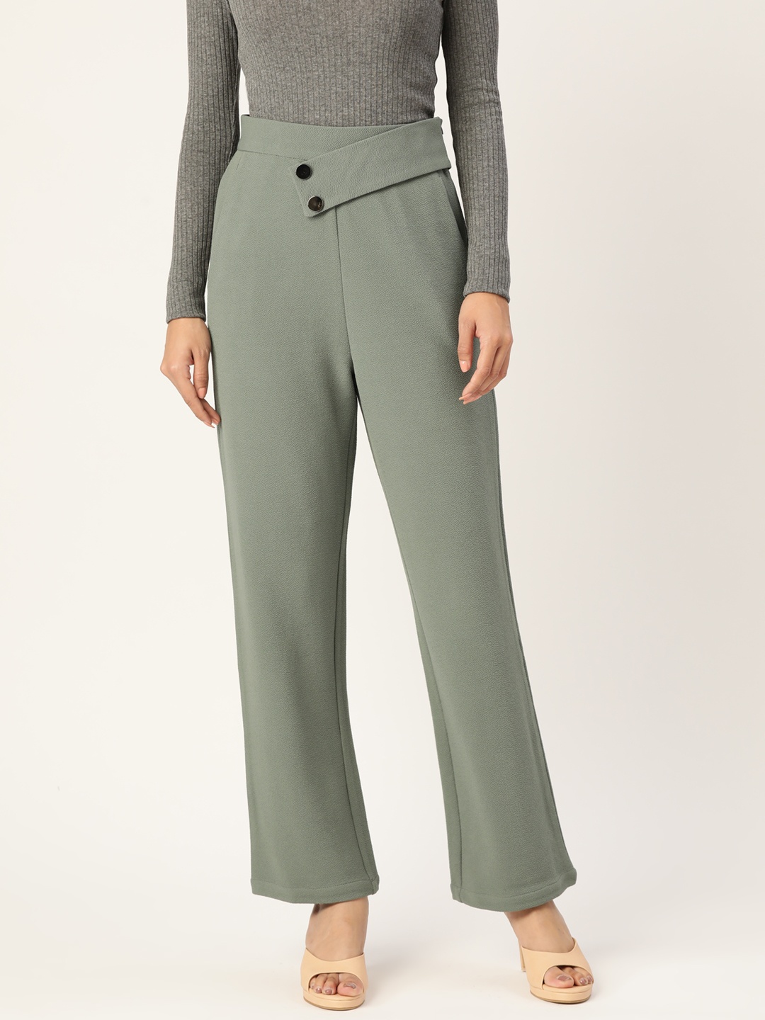 

Zastraa Women Sage Green Solid Smart High-Rise Trousers, Sea green