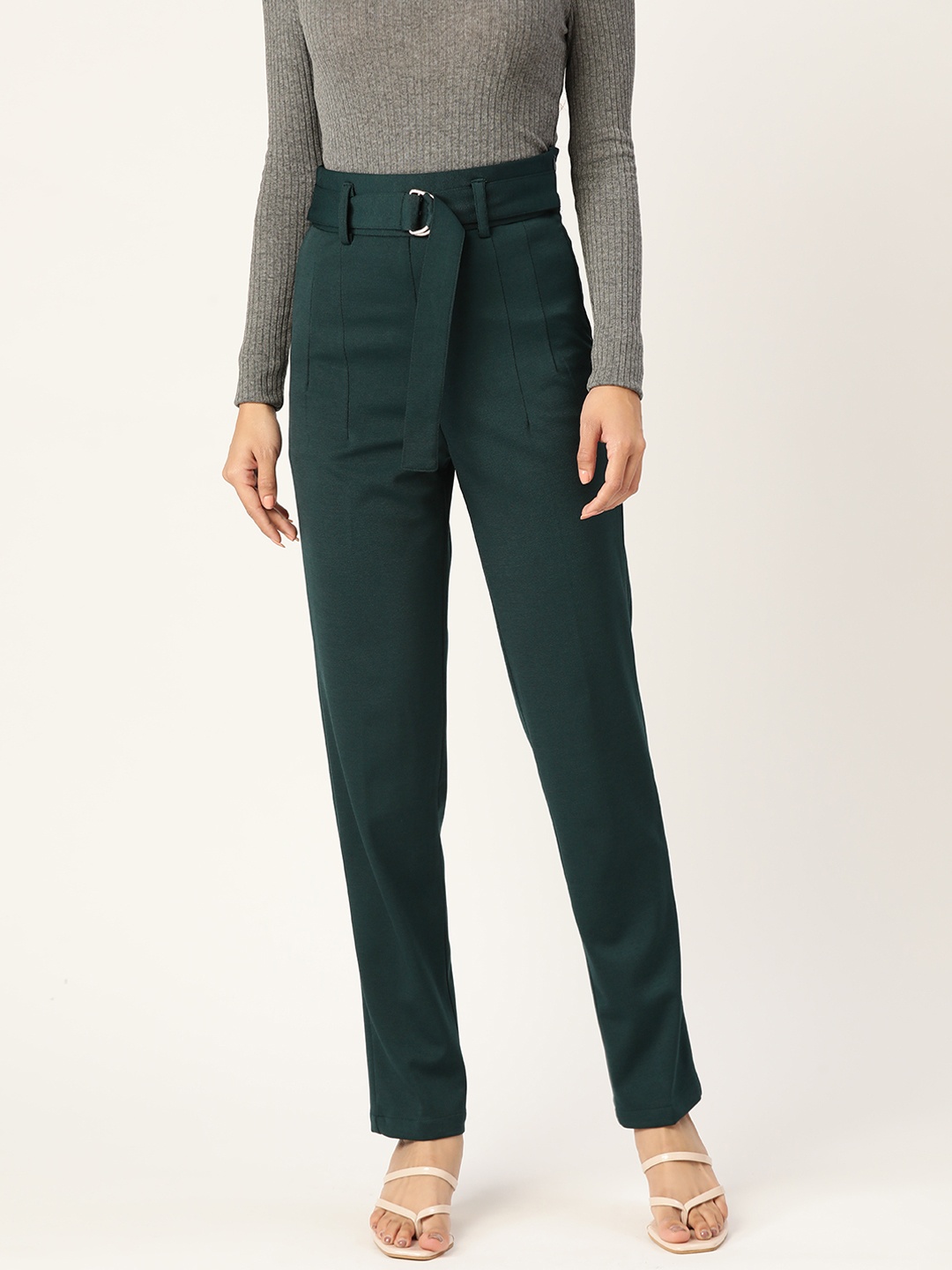 

Zastraa Women Teal Green Solid Smart Slim Fit High-Rise Trousers