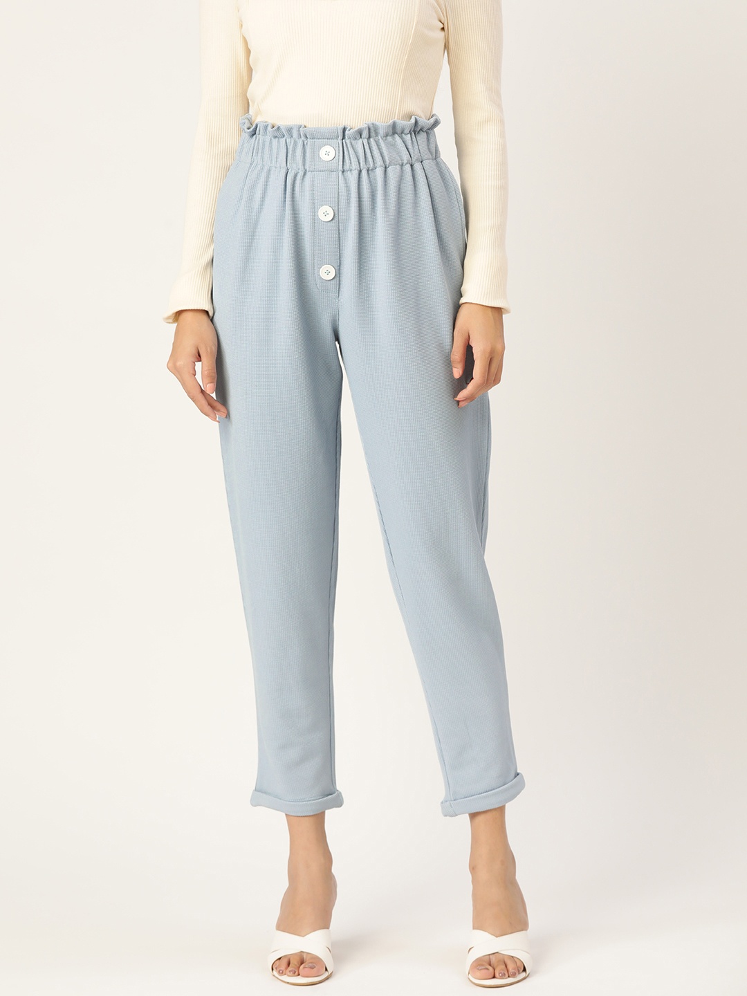 Zastraa Women Blue Smart Slim Fit High-Rise Pleated Trousers
