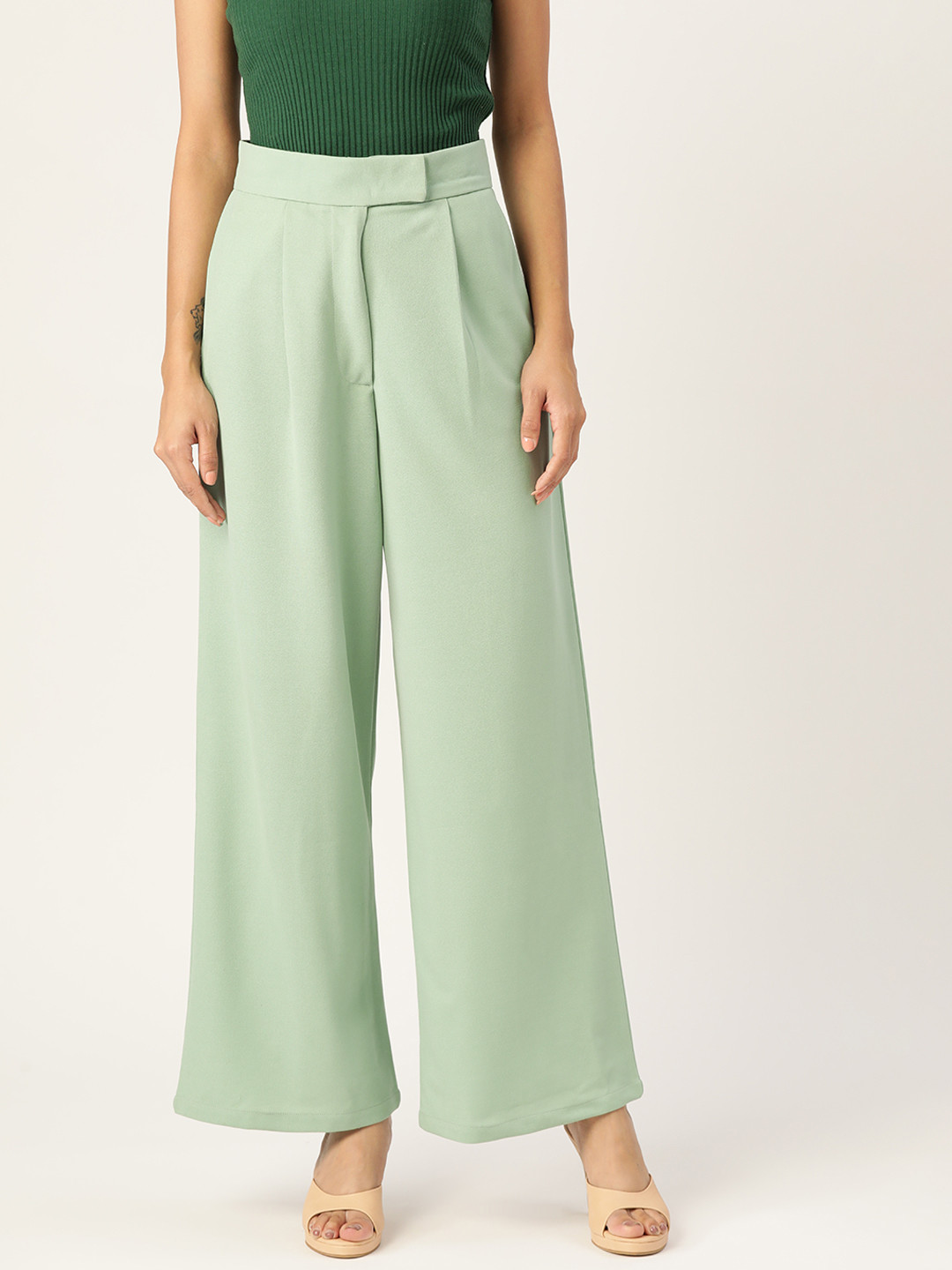 

Zastraa Women Sea Green Smart Flared Pleated Trousers