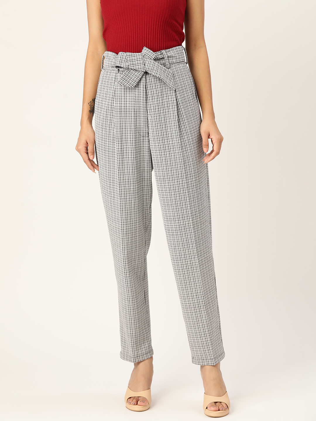 Zastraa Women Checked Smart Tapered Fit High-Rise Pleated Trousers, Grey