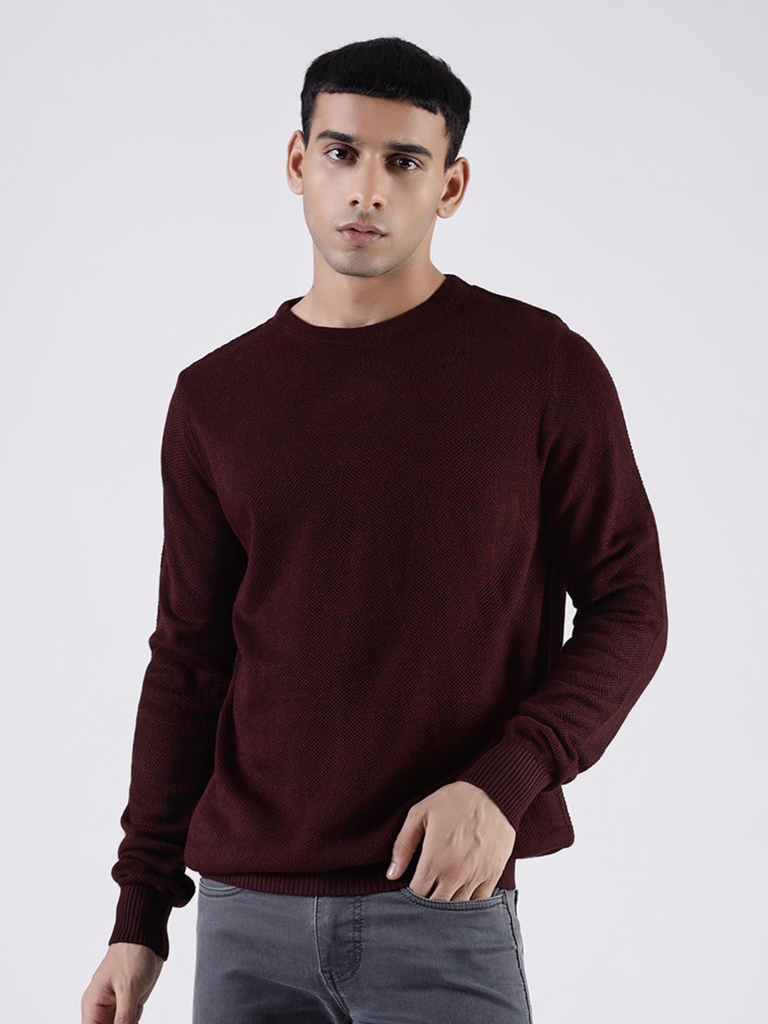 

MR BUTTON Men Burgundy Solid Long sleeves Pullover