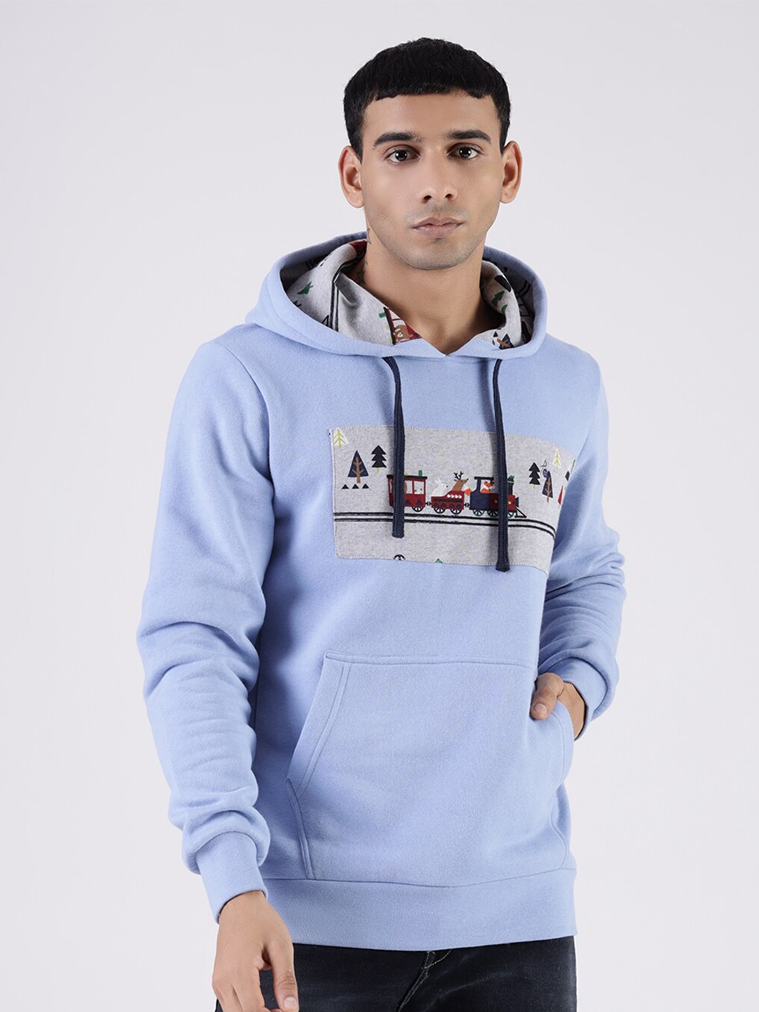 

MR BUTTON Men Blue Printed Cotton Hooded Sweatshirt