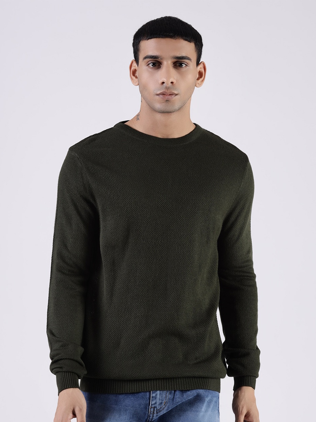 

MR BUTTON Men Olive Green Solid Long Sleeves Pullover