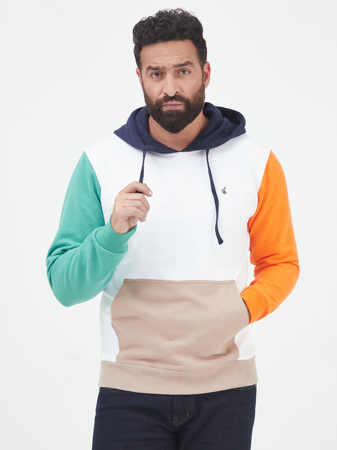 

MR BUTTON Men White & Orange Colourblocked Hooded Cotton Pullover