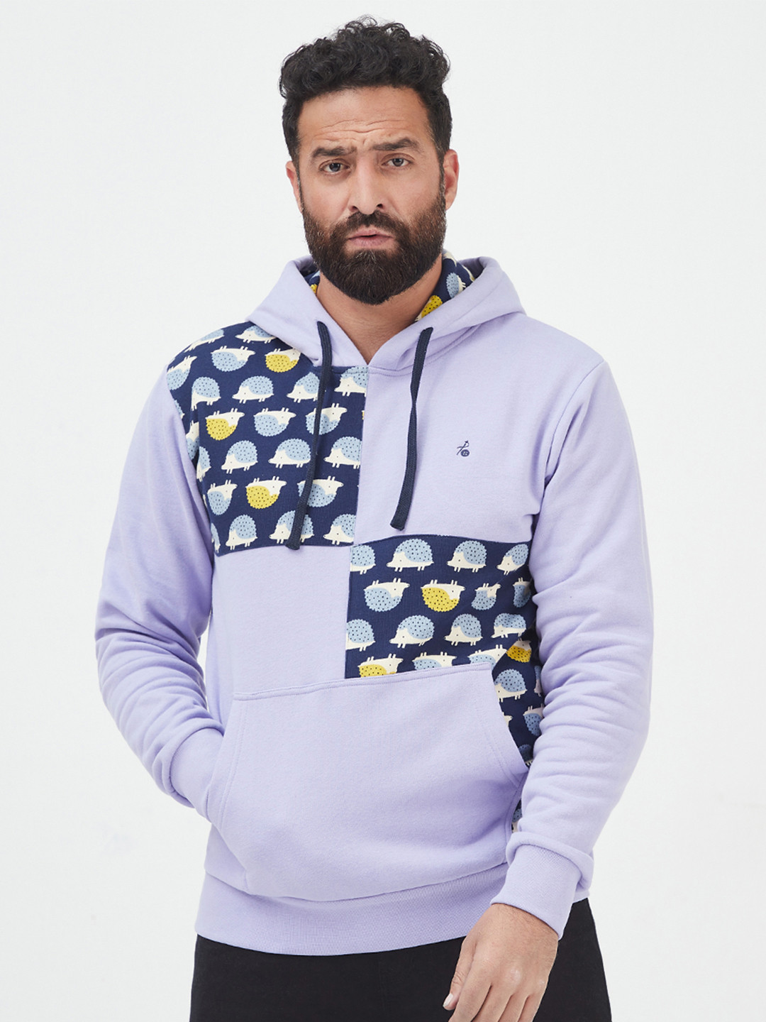 

MR BUTTON Men Blue Hooded Cotton Pullover With Applique