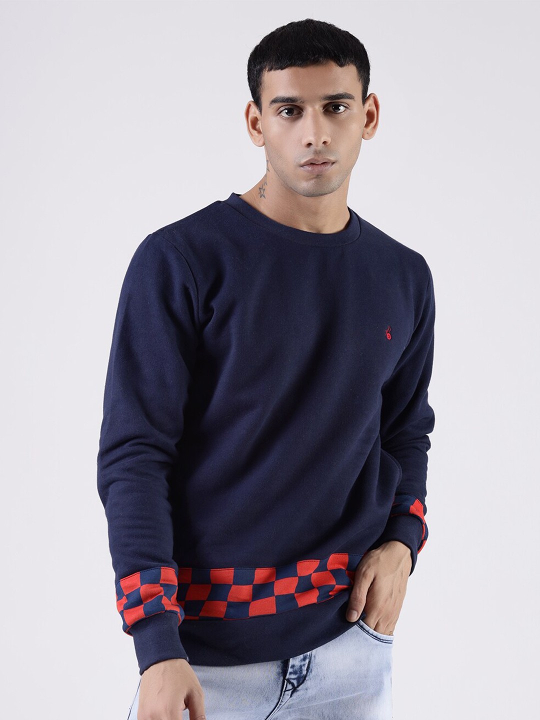 

MR BUTTON Men Navy Blue & Red Printed Cotton Sweatshirt