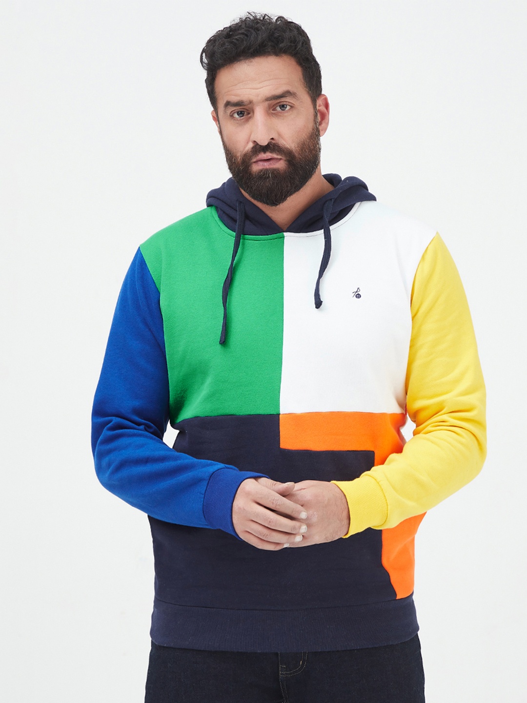 

MR BUTTON Men Navy Blue & Green Colourblocked Hooded Cotton Pullover