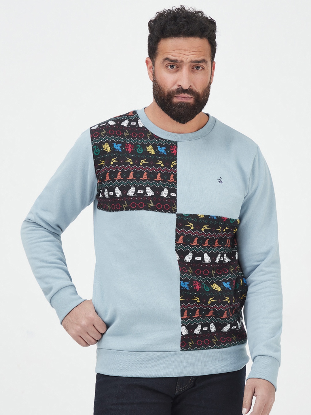 

MR BUTTON Men Blue Cotton Pullover With Applique