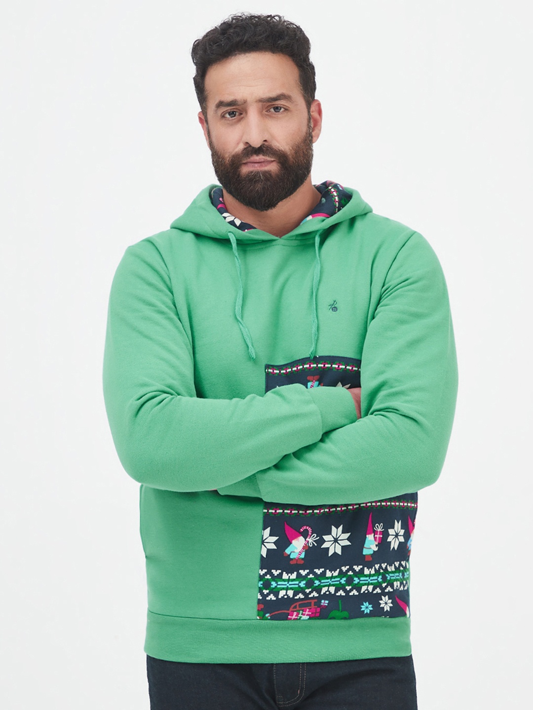 

MR BUTTON Men Green Printed Cotton Hooded Sweatshirt