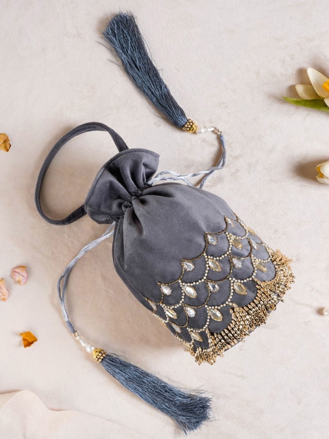 

Nestasia Grey Jhoomar Velvet Potli Bag