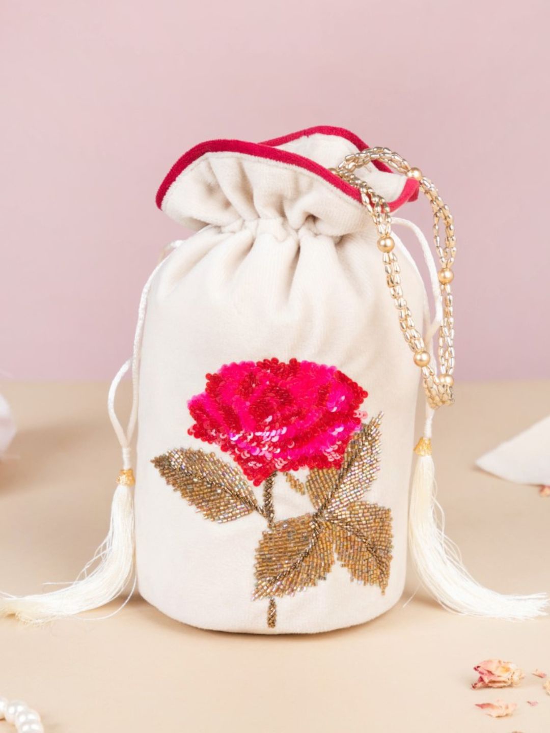 

Nestasia White Floral Gul Velvet Potli Bag, Off white