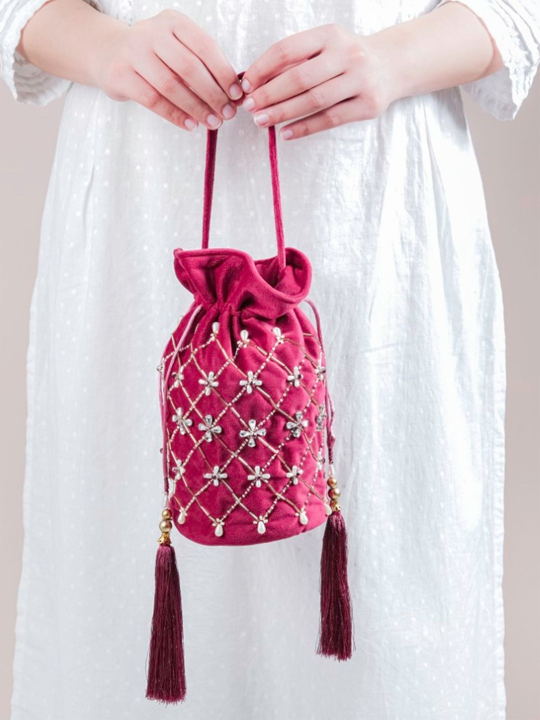 

Nestasia Maroon Phulvari Velvet Potli Bag