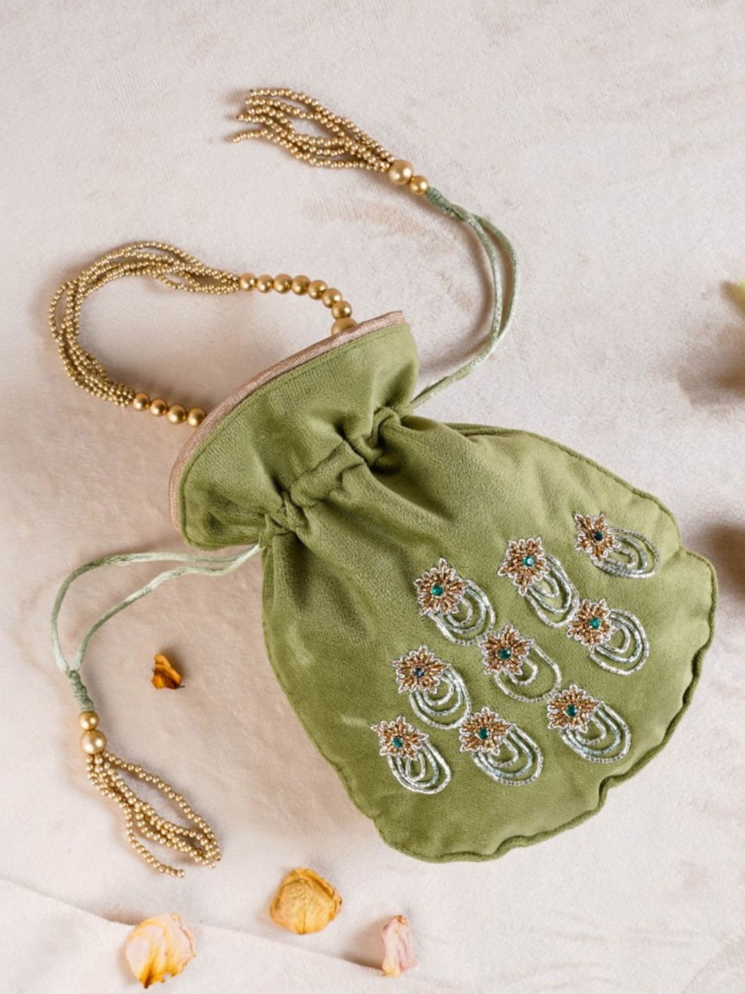 

Nestasia Green Shikara Orchids Velvet Potli Bag