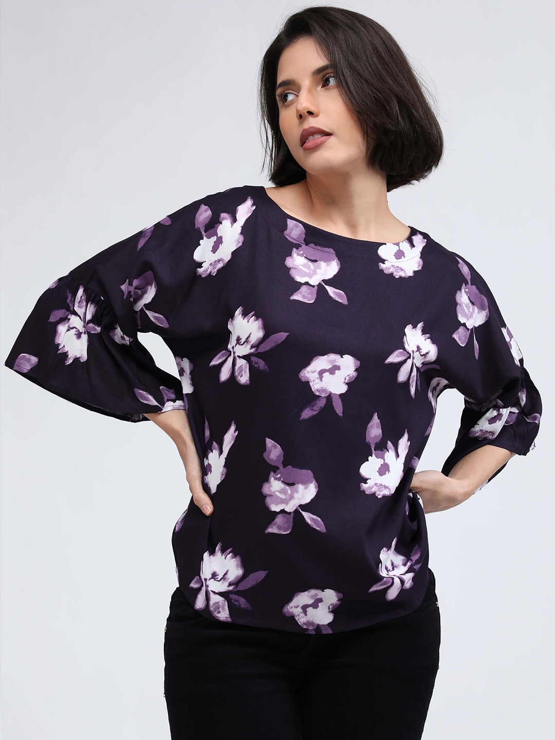 

IDK Women Purple & White Floral Printed Extended Sleeves Top