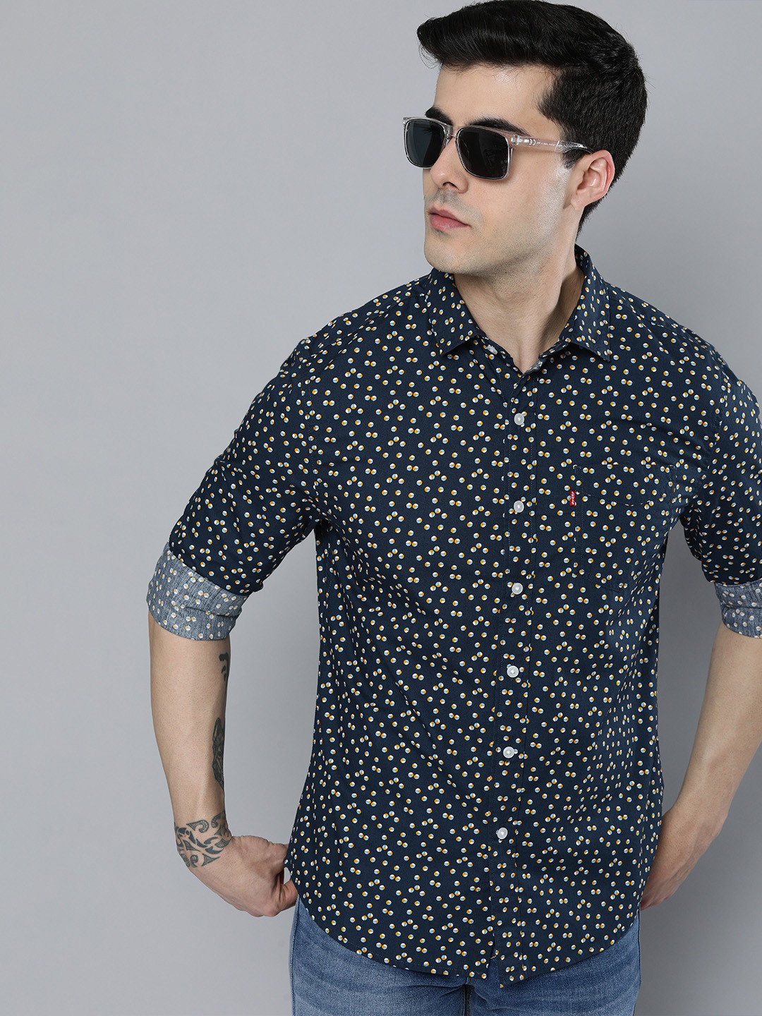 

Levis Men Slim Fit Printed Pure Cotton Casual Shirt, Navy blue