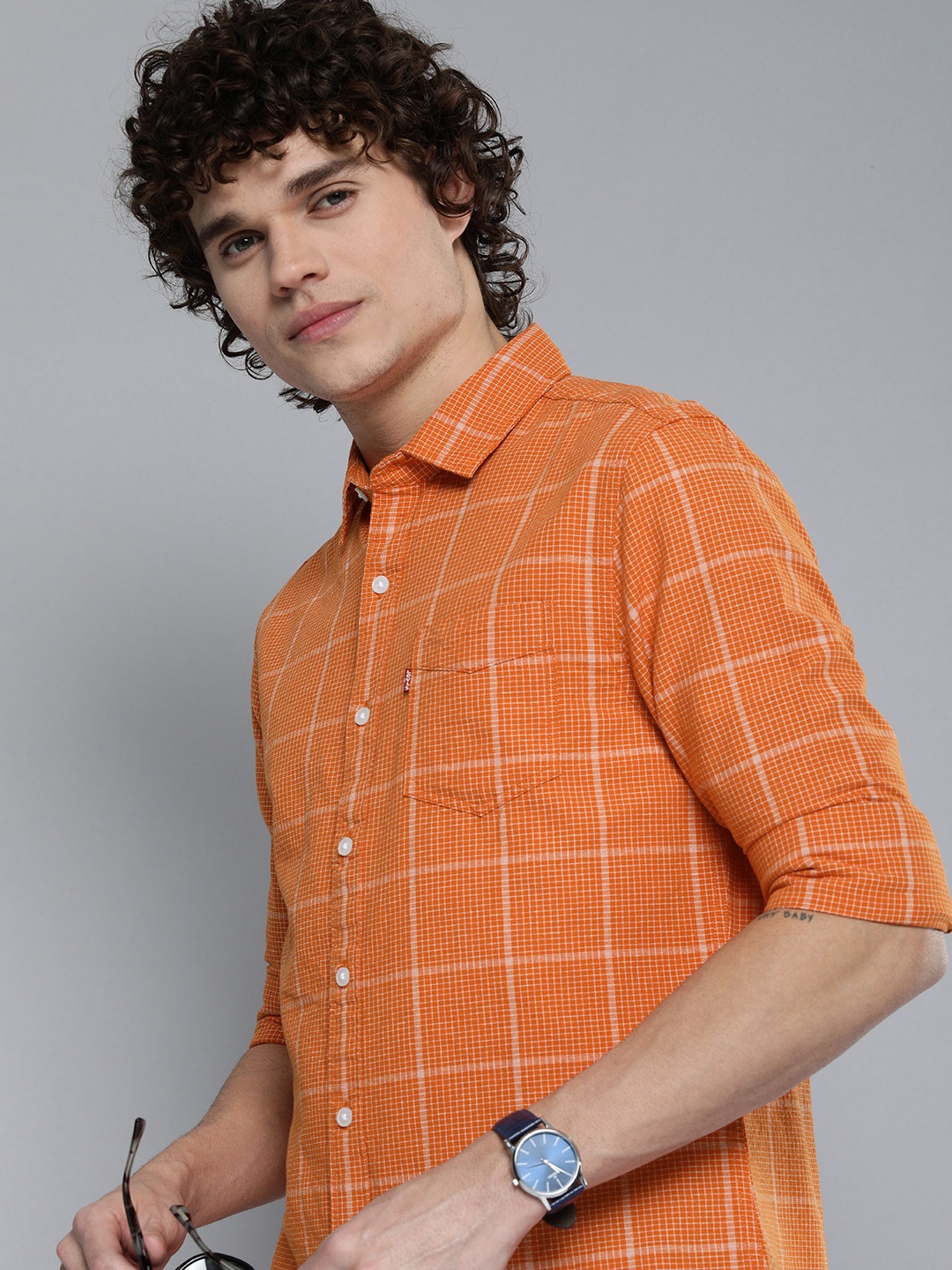 

Levis Men Slim Fit Checked Pure Cotton Casual Shirt, Orange