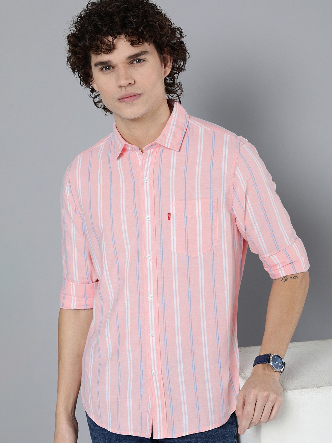

Levis Men Slim Fit Striped Pure Cotton Casual Shirt, Pink