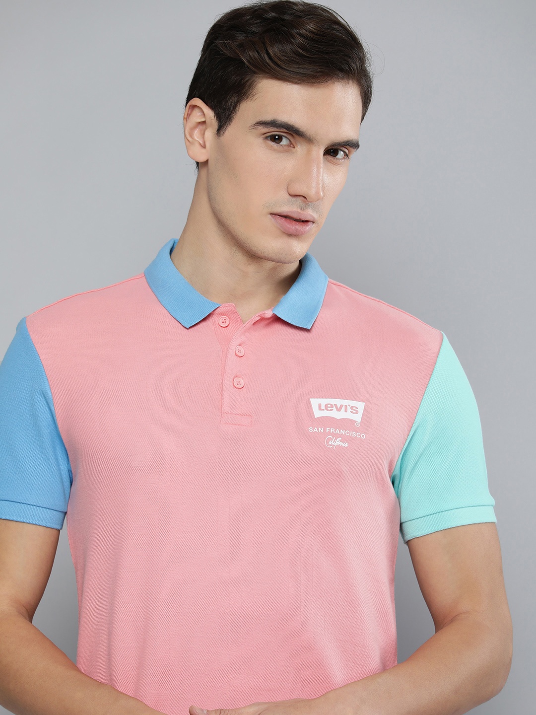 

Levis Men Pure Cotton Colourblocked Polo Collar T-shirt, Pink