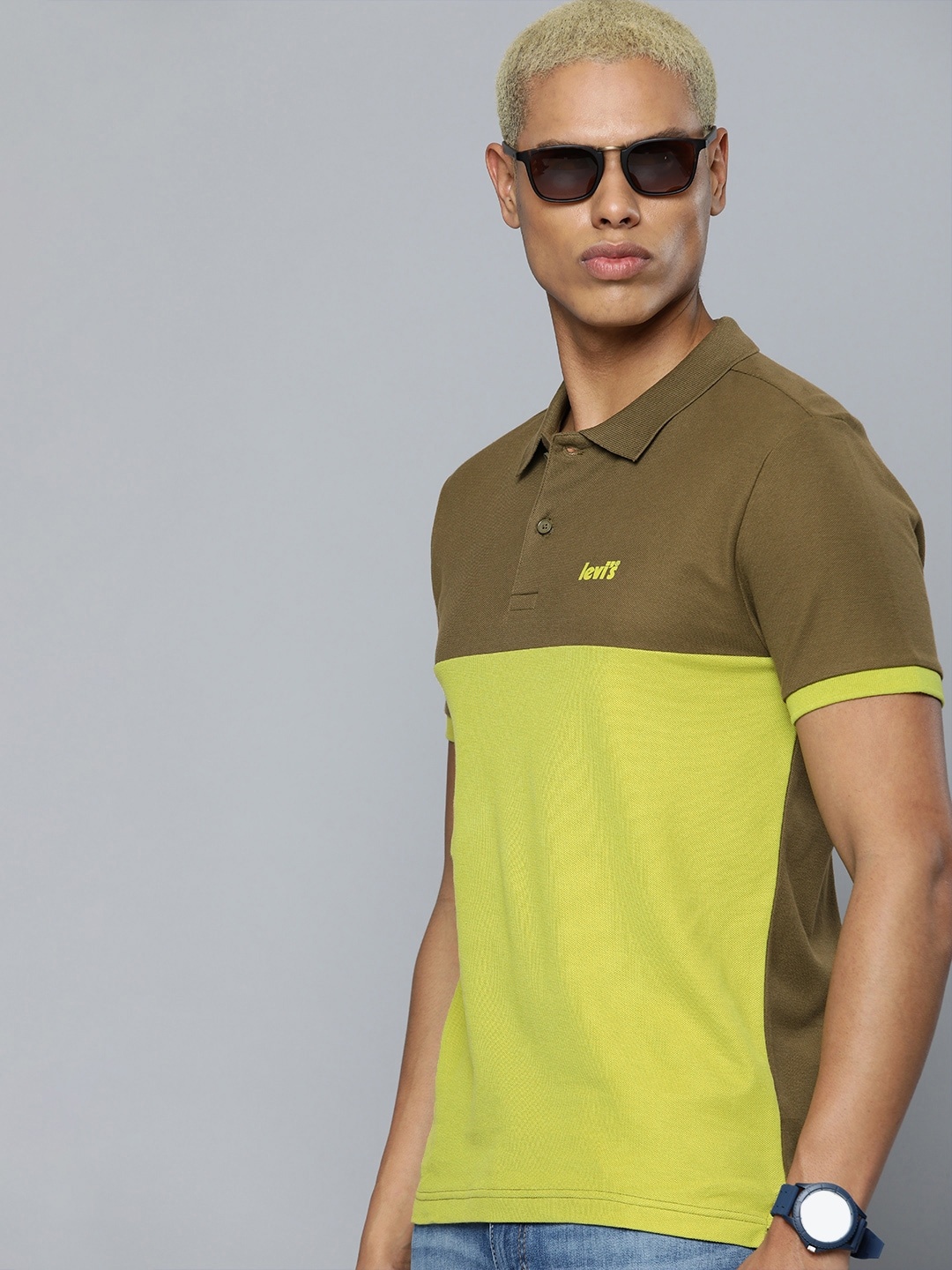 

Levis Men Pure Cotton Colourblocked Polo Collar T-shirt, Green