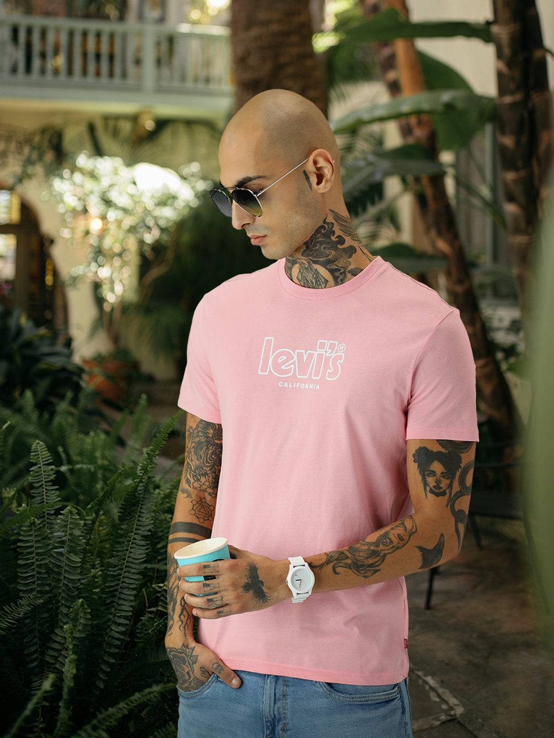 Levis Men Brand Logo Printed Pure Cotton T-shirt, Pink