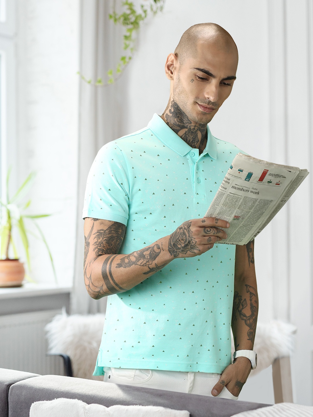 

Levis Men Pure Cotton Geometric Printed Polo Collar T-shirt, Turquoise blue