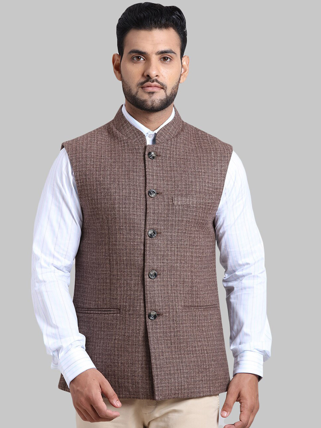 

ColorPlus Men Brown Checked Nehru Jacket