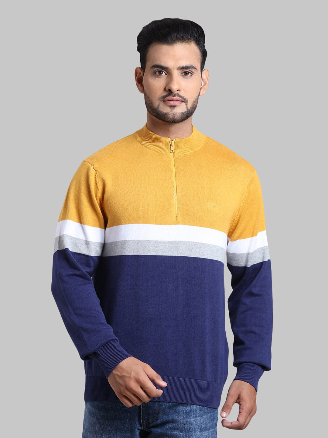 

ColorPlus Men Yellow & Navy Blue Colourblocked Pullover