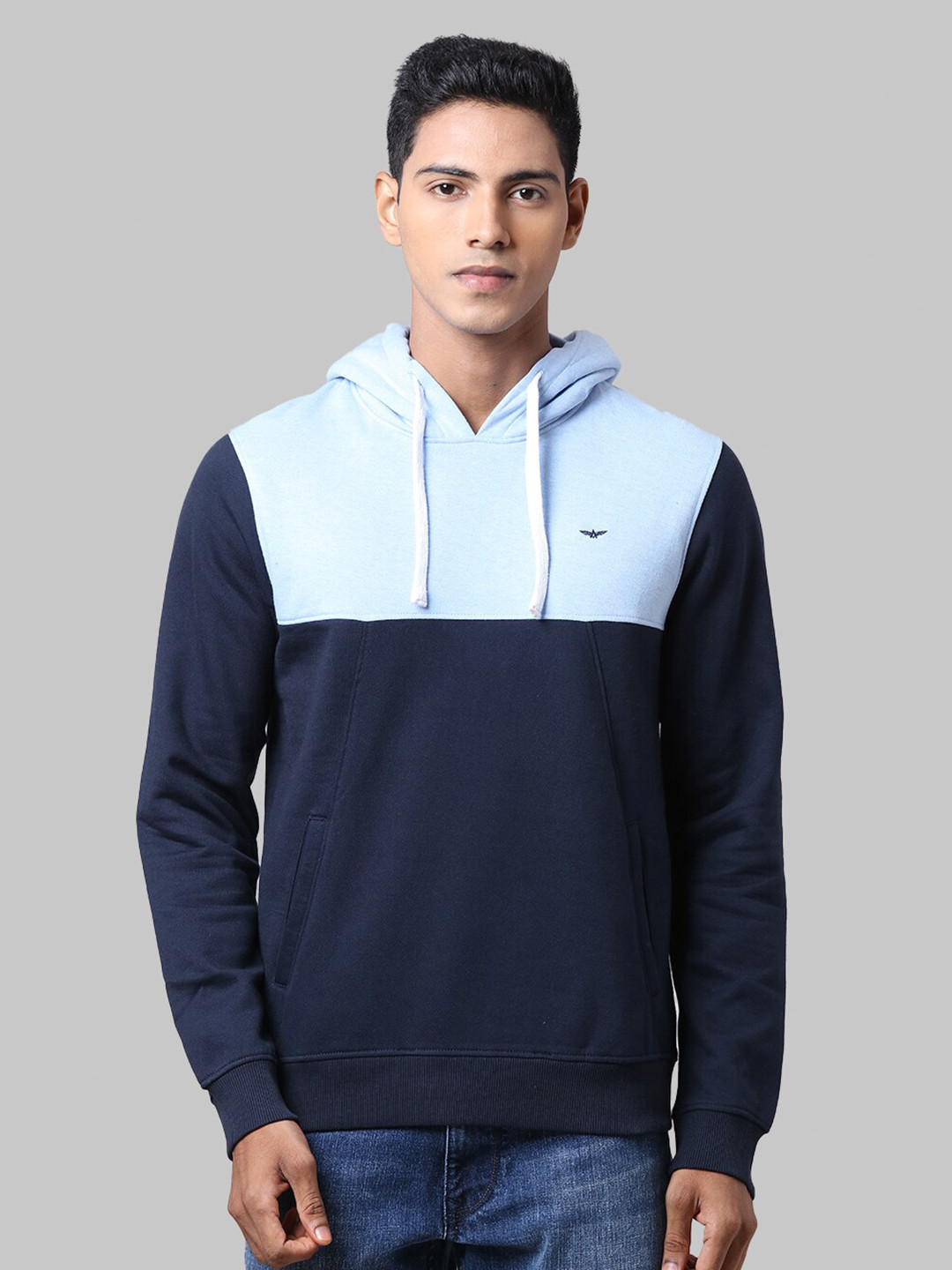 

Park Avenue Men Navy Blue Colourblocked Hooded Cotton Sweatshirt